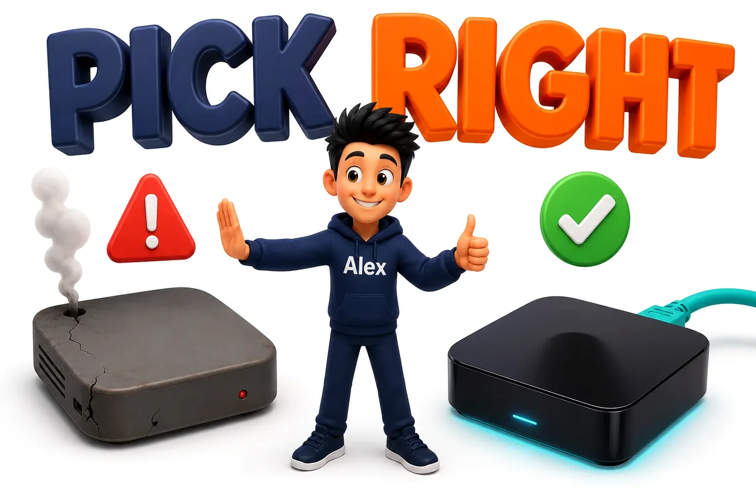 3D cartoon comparing a solid streaming box with a cheap unreliable one