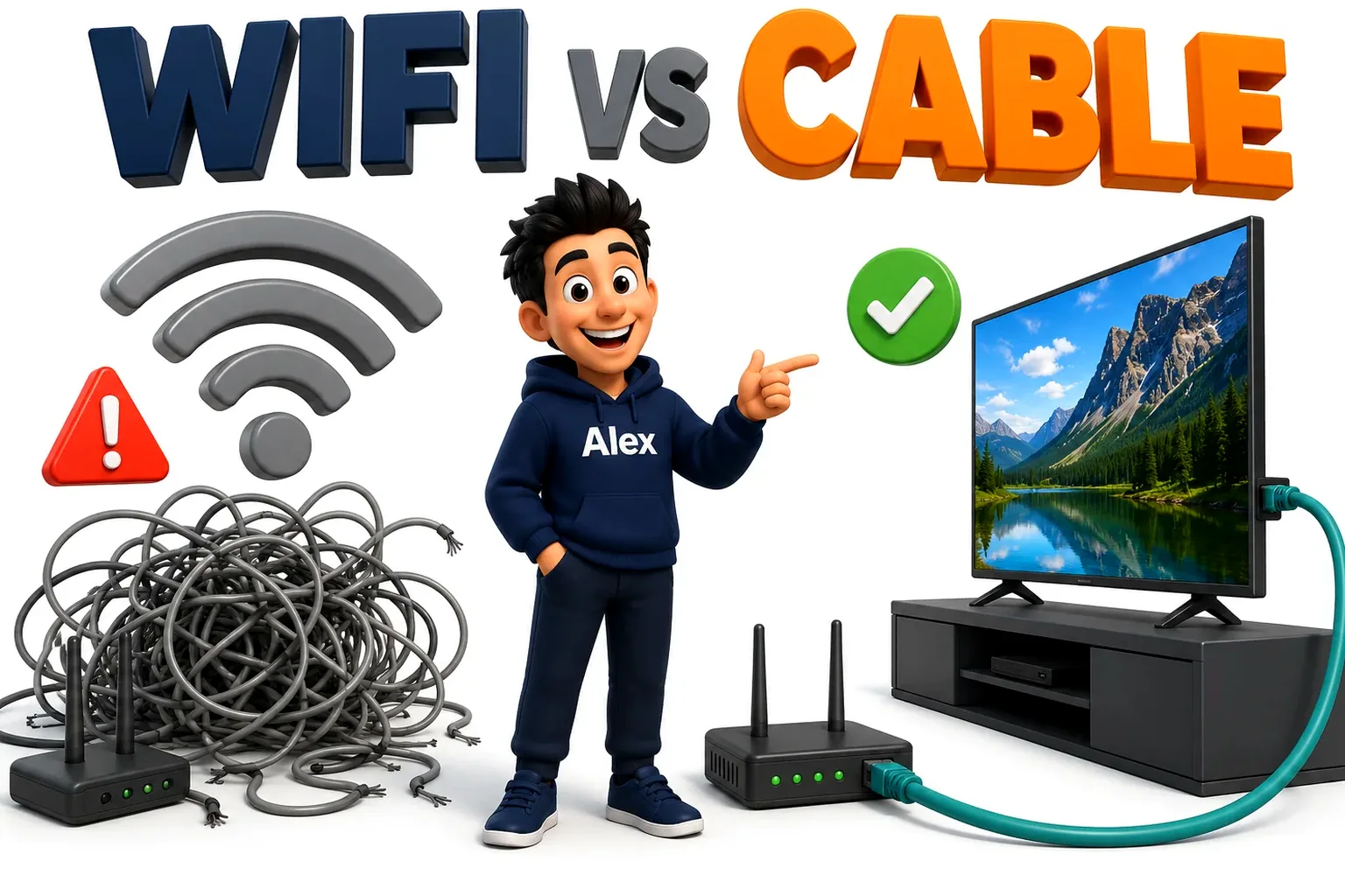 3D cartoon comparing tangled Wi-Fi signal with a clean ethernet cable