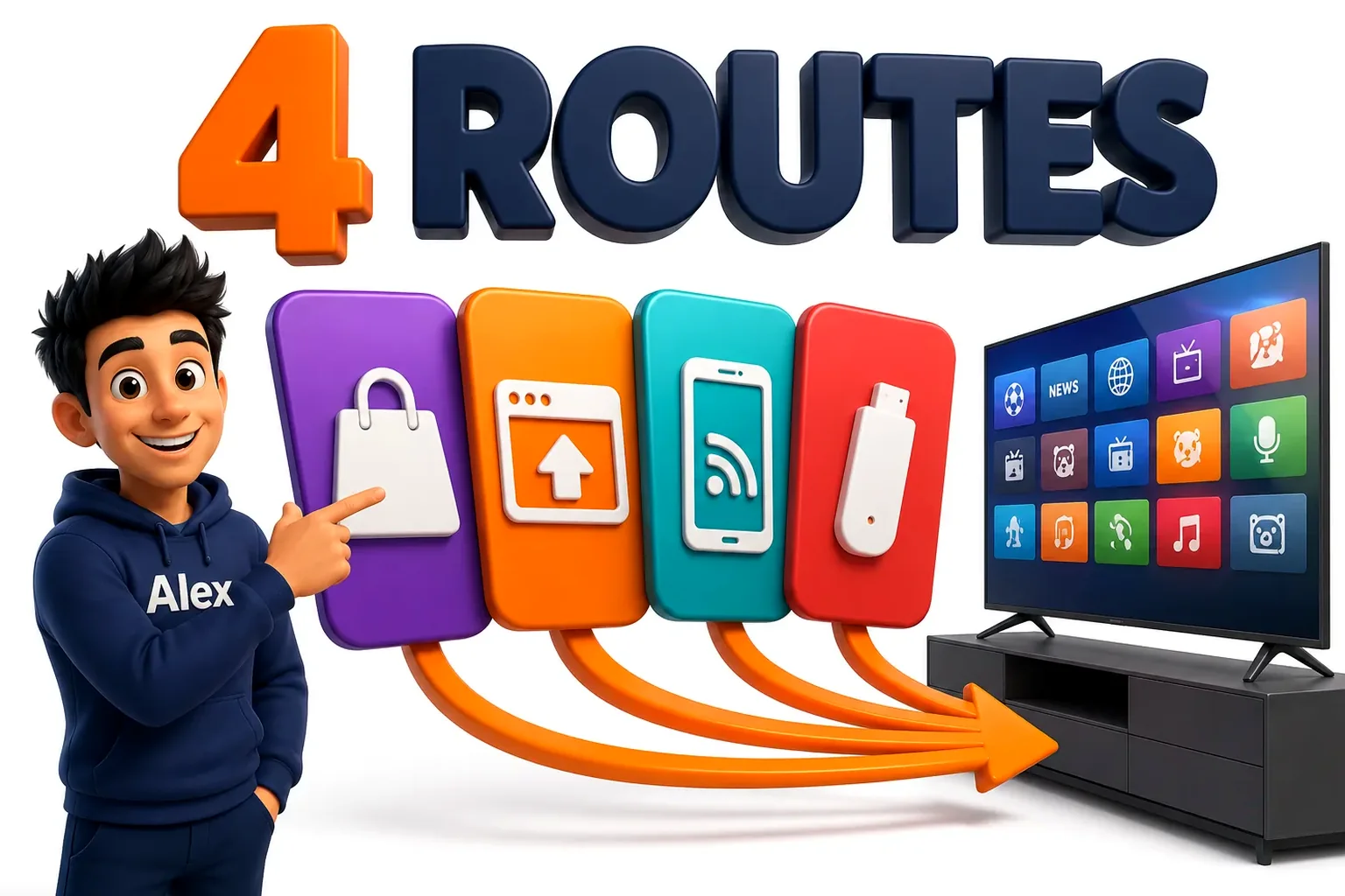 3D cartoon showing four ways to get IPTV onto an LG smart TV