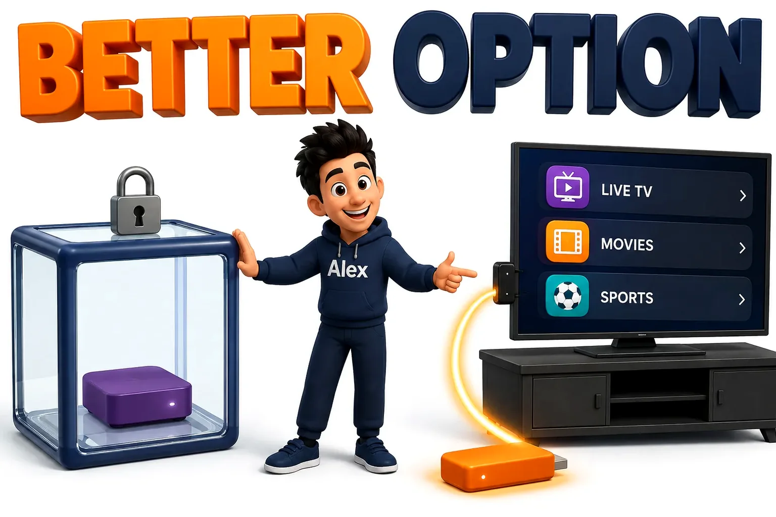 3D cartoon of a small streaming stick replacing a locked Roku box