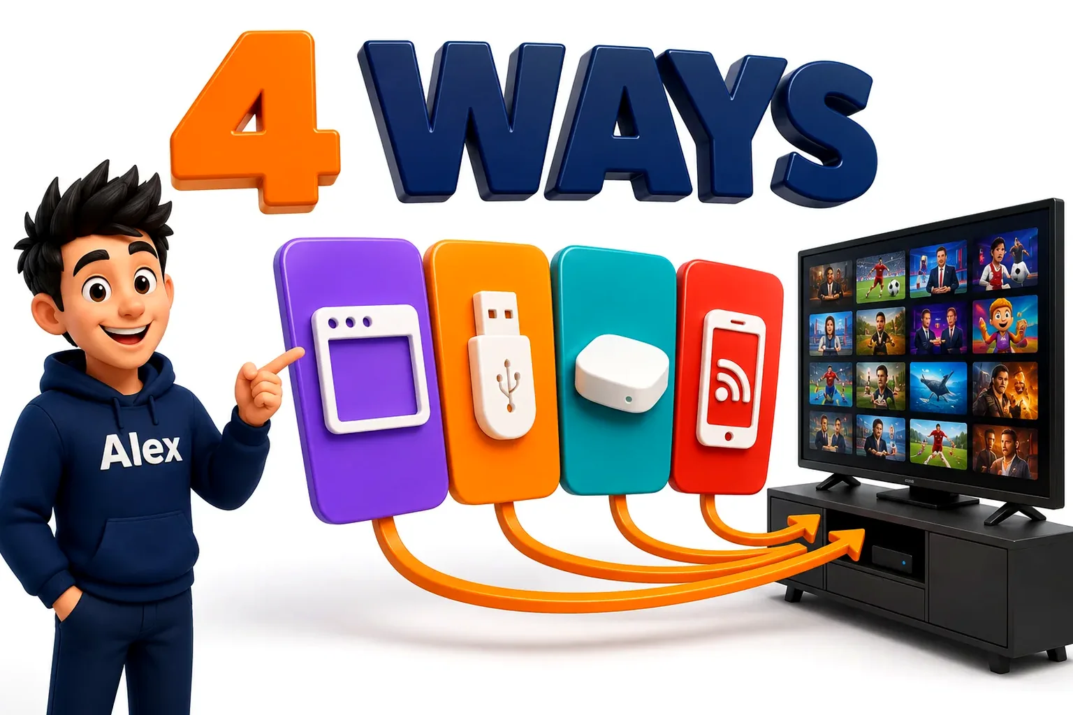 3D cartoon showing four routes to install IPTV on a Samsung smart TV