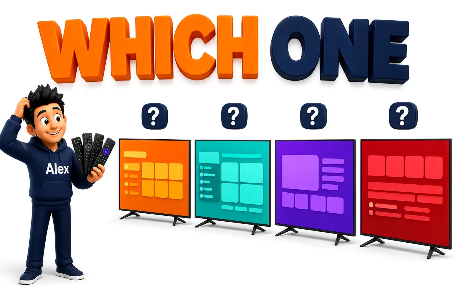 3D cartoon showing four different smart TV systems on identical televisions