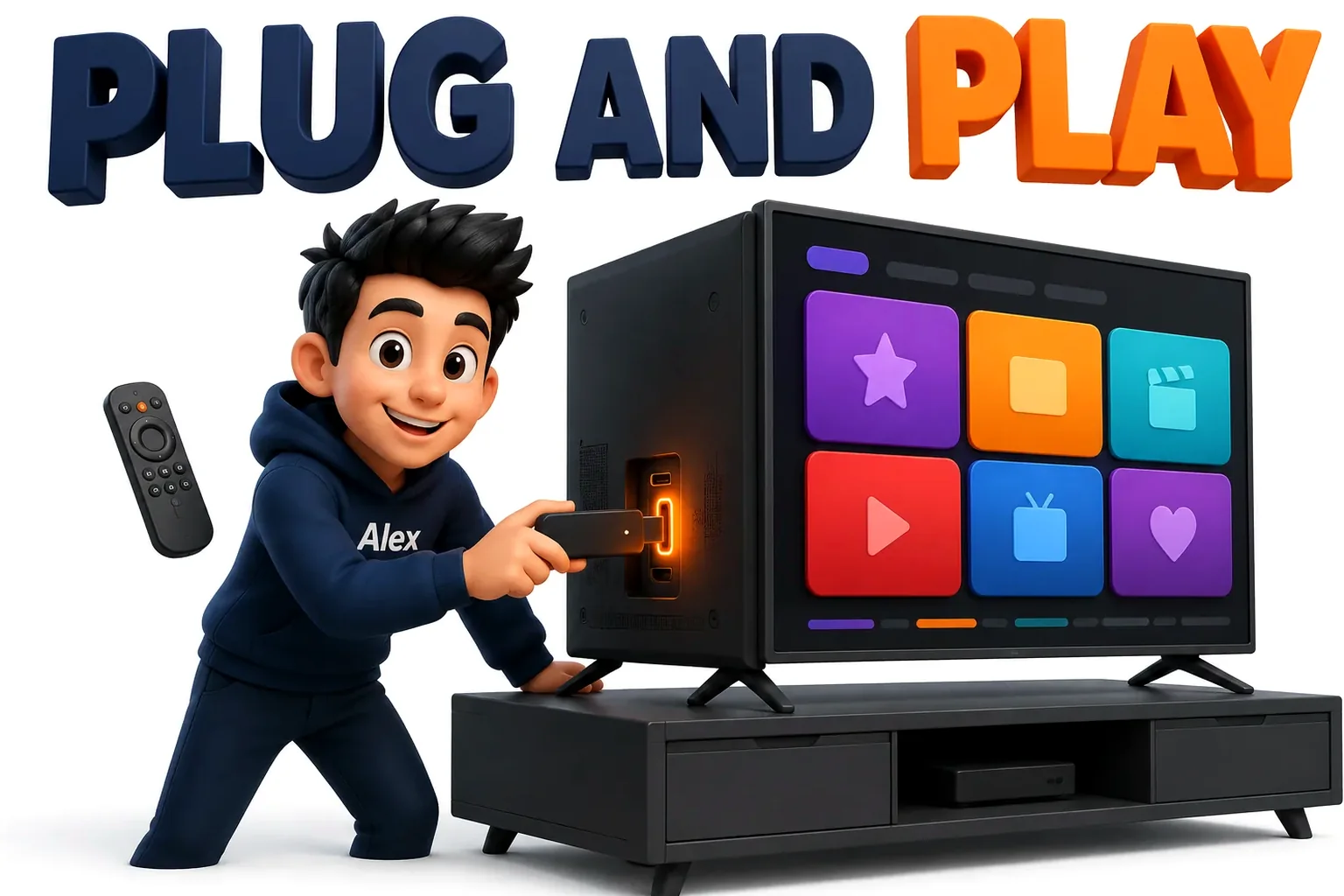 3D cartoon of a streaming stick being plugged into the HDMI port of a TV