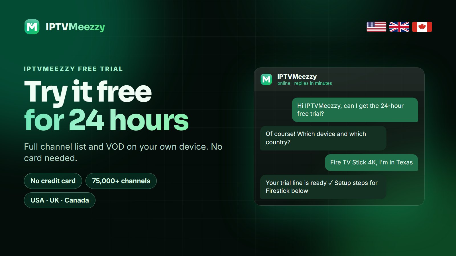 IPTVMeezzy free trial: 24 hours, no card, USA, UK and Canada