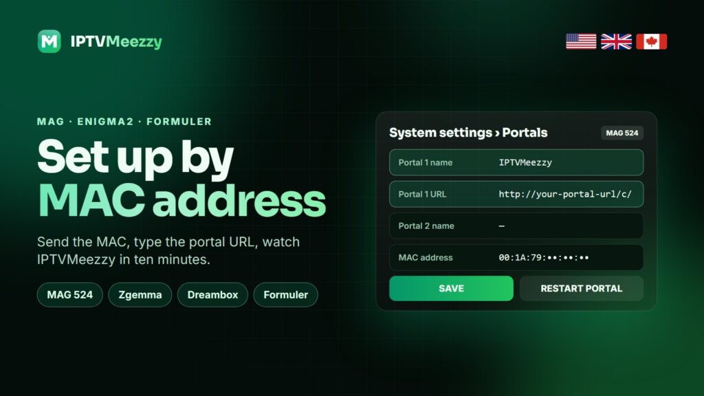 IPTVMeezzy MAG box and Enigma2 setup guide - portal URL, MAC address and Formuler MyTVOnline