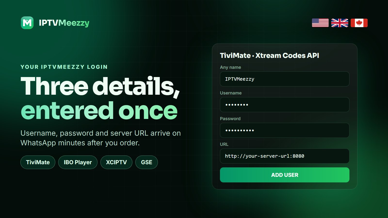 IPTVMeezzy Xtream Codes login: username, password and server URL